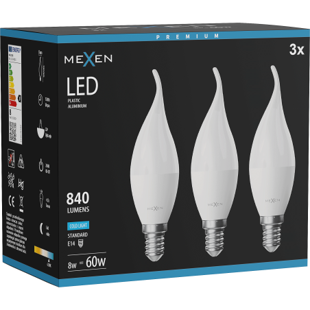 Mexen Nova 3x Bec LED flacără E14, C37, 8W, Rece - 6500K, 840 lm - L106-E14-0865-01x03
