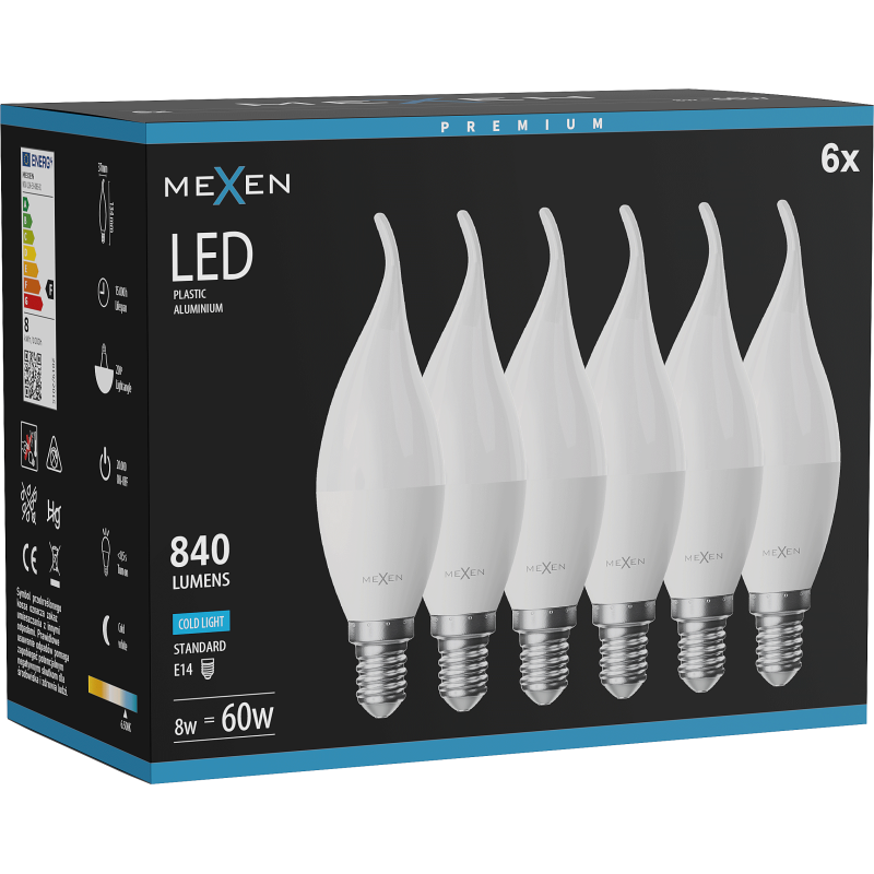 Mexen Nova 6x LED gyertya izzó E14, C37, 8W, Hideg - 6500K, 840 lm - L106-E14-0865-01x06