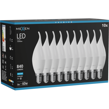 Mexen Nova 10x Bec LED flacără E14, C37, 8W, Rece - 6500K, 840 lm - L106-E14-0865-01x10