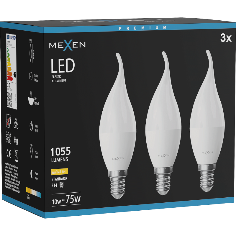 Mexen Nova 3x Bec LED tip lumânare E14, C37, 10W, Cald - 3000K, 1055 lm - L106-E14-1030-01x03
