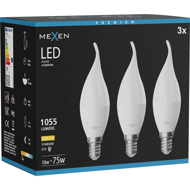 Mexen Nova 3x LED gyertyaizzó E14, C37, 10W, Meleg - 3000K, 1055 lm - L106-E14-1030-01x03