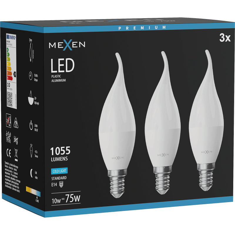 Mexen Nova 3x Bec LED flacără E14, C37, 10W, Rece - 6500K, 1055 lm - L106-E14-1065-01x03