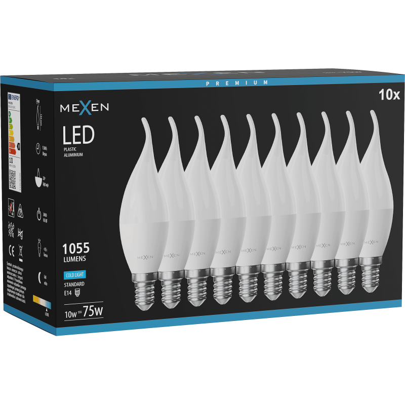 Mexen Nova 10x LED izzó láng E14, C37, 10W, Hideg - 6500K, 1055 lm - L106-E14-1065-01x10