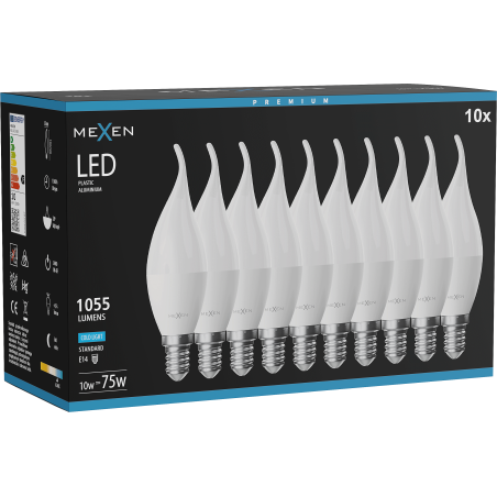 Mexen Nova 10x LED izzó láng E14, C37, 10W, Hideg - 6500K, 1055 lm - L106-E14-1065-01x10