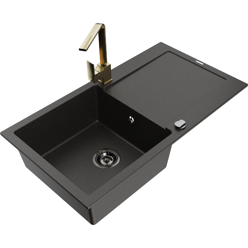Chiuvetă de granit Mexen Leo cu o cuvă, cu picurător și baterie de bucătărie Rita, negru/auriu metalic - 6501-75-670300-50-B