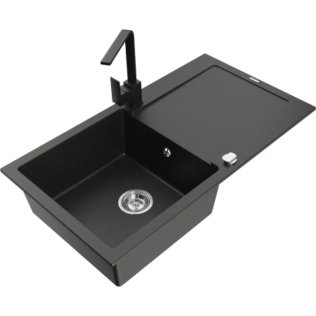Chiuvetă de granit Mexen Leo cu 1 cuvă și scurgător și baterie de bucătărie Rita, negru/auriu metalic - 6501-75-670300-70