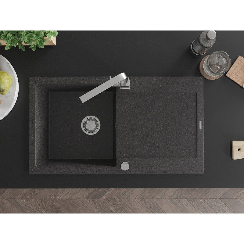 Mexen Leo chiuvetă de granit cu o cuvă, cu scurgător și baterie de bucătărie Rita, negru cu pete - 6501-76-670300-00