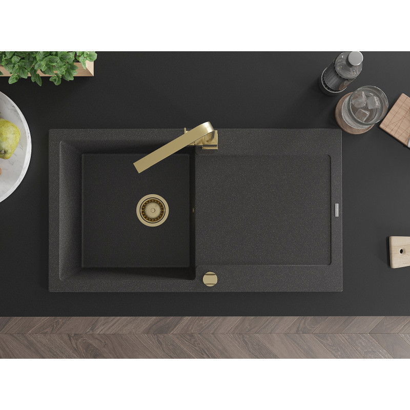 Mexen Leo 1-medencés gránit mosogató csepegtetővel és Rita konyhai csapteleppel, fekete pöttyös - 6501-76-670300-50