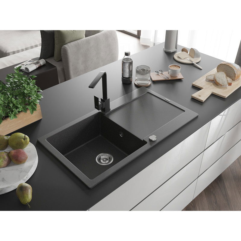 Mexen Leo chiuvetă de granit cu 1 compartiment și picurător cu baterie de bucătărie Rita, negru cu pete - 6501-76-670300-70