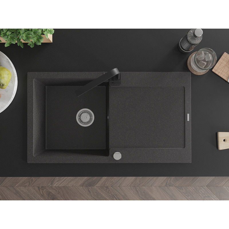 Mexen Leo chiuvetă de granit cu 1 compartiment și picurător cu baterie de bucătărie Rita, negru cu pete - 6501-76-670300-70