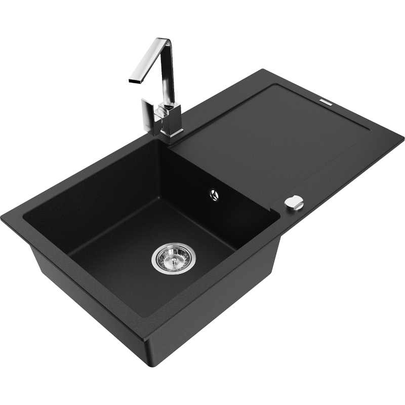 Mexen Leo chiuvetă din granit cu 1 compartiment cu scurgător și baterie de bucătărie Rita, neagră - 6501-77-670300-00
