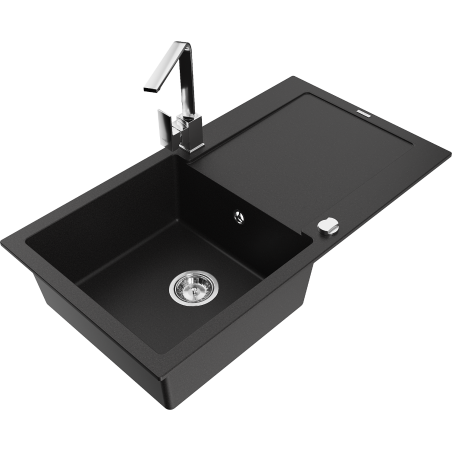 Mexen Leo chiuvetă din granit cu 1 compartiment cu scurgător și baterie de bucătărie Rita, neagră - 6501-77-670300-00