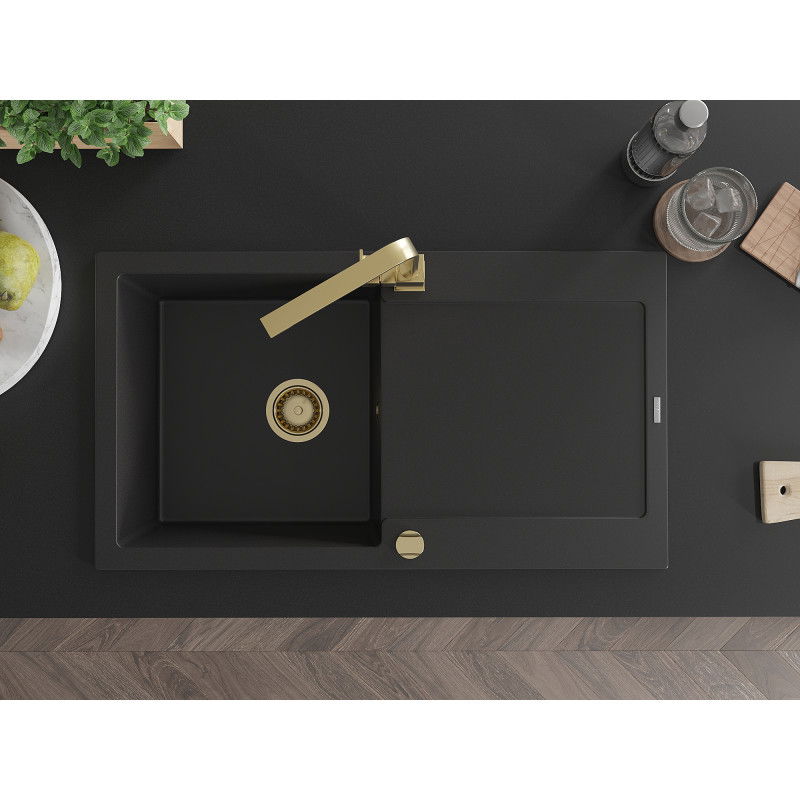 Mexen Leo gránit mosogató 1 medencés lefolyóval és Rita konyhai csapteleppel, fekete - 6501-77-670300-50