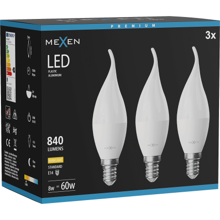 Mexen Nova 3x Bec LED lumânare E14, C37, 8W, Caldă - 3000K, 840 lm - L106-E14-0830-01x03