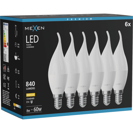Mexen Nova 6x LED izzó láng E14, C37, 8W, Meleg - 3000K, 840 lm - L106-E14-0830-01x06