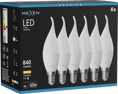 Mexen Nova 6x LED izzó láng E14, C37, 8W, Meleg - 3000K, 840 lm - L106-E14-0830-01x06