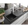 Mexen Leo chiuvetă din granit 1-cameră cu scurgător și baterie de bucătărie Rita, negru - 6501-77-670300-70-B