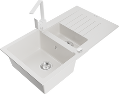 Mexen Matias chiuvetă de granit 1,5 compartimentă cu scurgător și baterie de bucătărie Rita, alb - 6502-20-670300-20