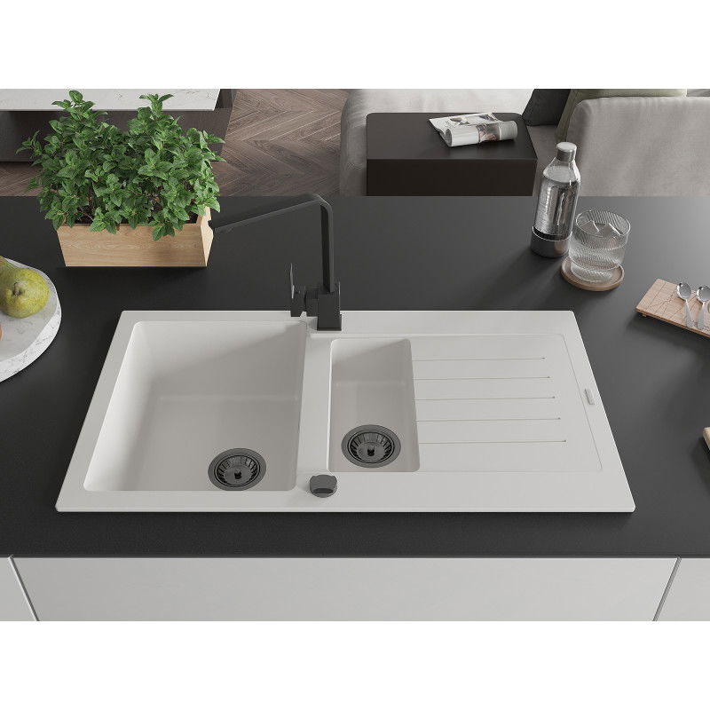 Mexen Matias chiuvetă de granit 1,5 compartimente cu picurător și baterie de bucătărie Rita, alb - 6502-20-670300-70