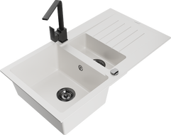 Mexen Matias gránit mosogató 1,5 rekeszes csepegtetővel és Rita konyhai csapteleppel, fehér - 6502-20-670300-70