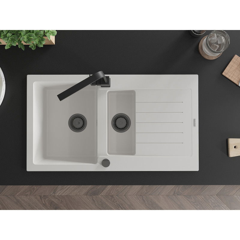 Mexen Matias chiuvetă de granit 1,5 compartimente cu picurător și baterie de bucătărie Rita, alb - 6502-20-670300-70