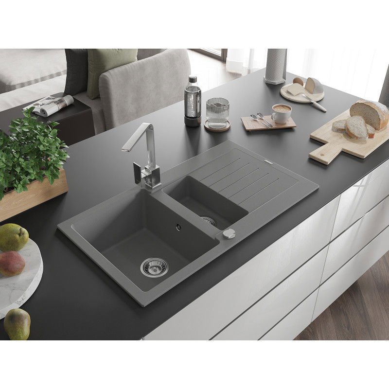 Mexen Matias gránit mosogató 1,5-medencés csepegtetővel és Rita konyhai csapteleppel, szürke - 6502-71-670300-00