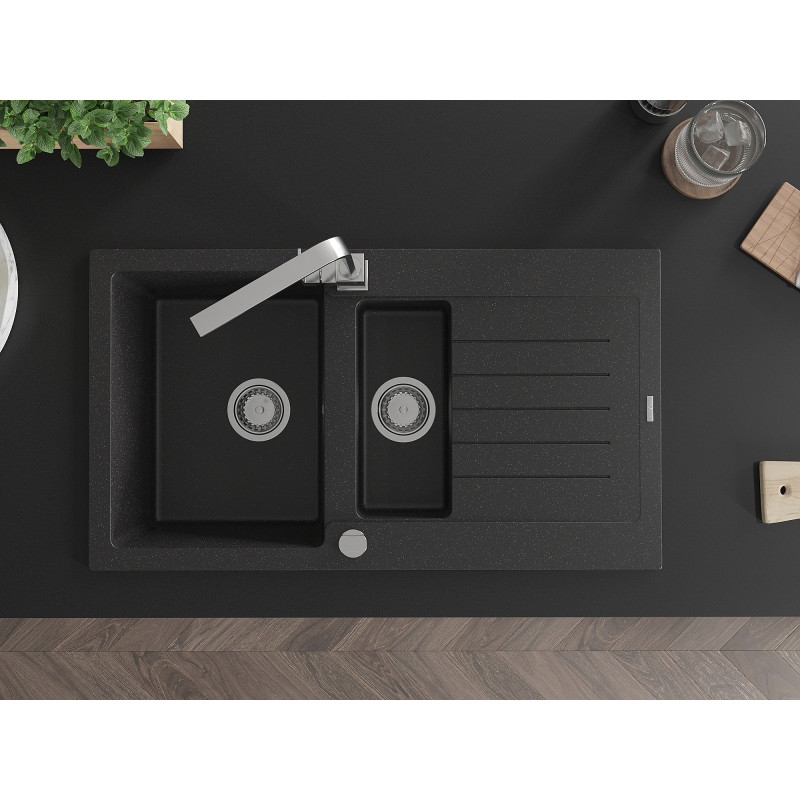 Mexen Matias 1,5-medencés gránit mosogató csepegtetővel és Rita konyhai csappal, fekete/ezüst metál - 6502-73-670300-00