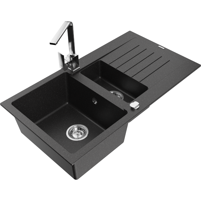 Mexen Matias chiuvetă din granit cu 1,5 compartimente cu scurgător și baterie de bucătărie Rita, negru/argintiu metalic