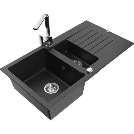 Mexen Matias chiuvetă din granit cu 1,5 compartimente cu scurgător și baterie de bucătărie Rita, negru/argintiu metalic
