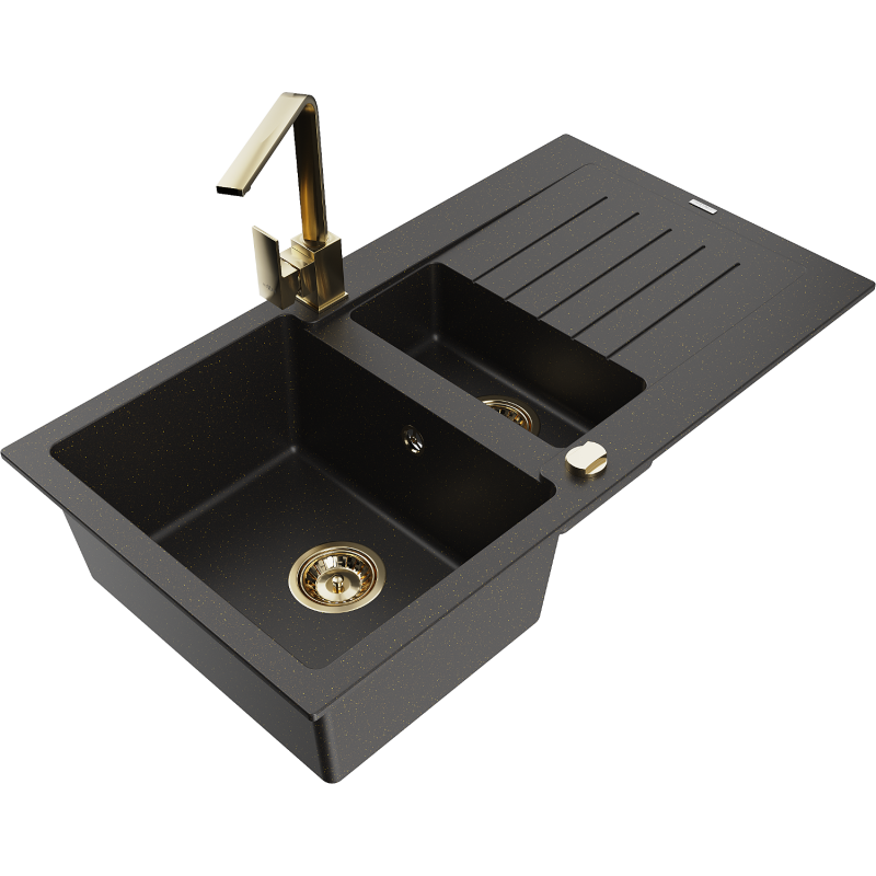 Mexen Matias gránit mosogatótálca 1,5-medencés csepegtetővel és Rita konyhai csappal, fekete/arany - 6502-75-670300-50