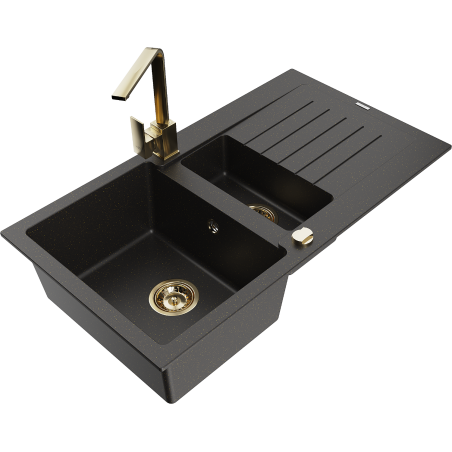 Mexen Matias gránit mosogatótálca 1,5-medencés csepegtetővel és Rita konyhai csappal, fekete/arany - 6502-75-670300-50
