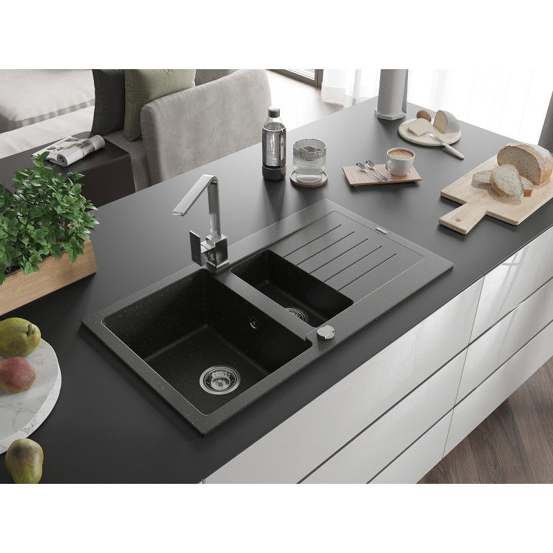 Mexen Matias chiuvetă de granit 1,5 compartimente cu scurgător și baterie de bucătărie Rita, negru/auriu - 6502-75-670300-00