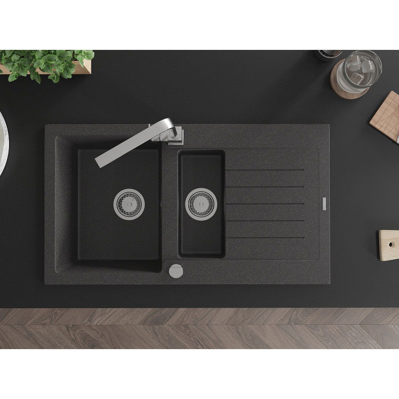 Mexen Matias chiuvetă din granit cu 1,5 cuve cu scurgător și baterie de bucătărie Rita, negru pătat - 6502-76-670300-00