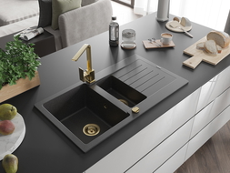 Chiuvetă granit Mexen Matias 1,5 camere cu scurgător și baterie de bucătărie Rita, negru cu stropi - 6502-76-670300-50