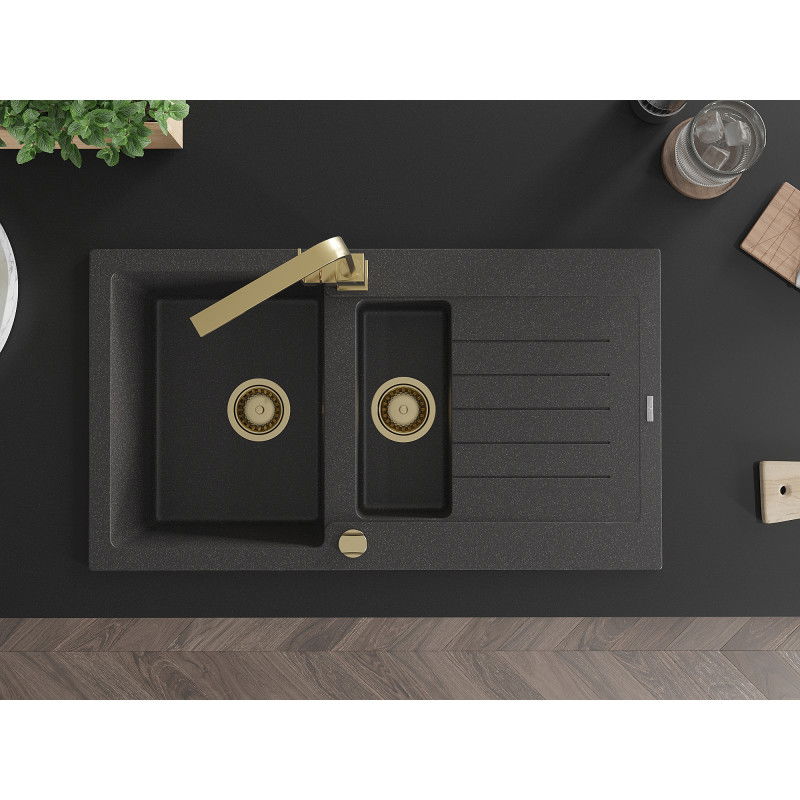 Mexen Matias gránit mosogató 1,5 rekeszes, csepegtetővel és Rita konyhai csapteleppel, fekete pöttyös - 6502-76-670300-50