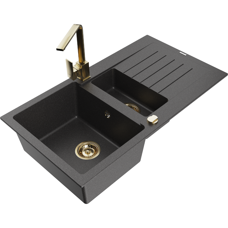 Chiuvetă granit Mexen Matias 1,5 camere cu scurgător și baterie de bucătărie Rita, negru cu stropi - 6502-76-670300-50