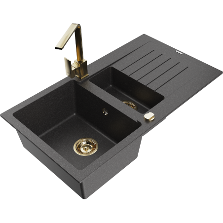 Chiuvetă granit Mexen Matias 1,5 camere cu scurgător și baterie de bucătărie Rita, negru cu stropi - 6502-76-670300-50
