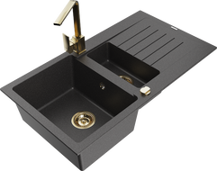 Chiuvetă granit Mexen Matias 1,5 camere cu scurgător și baterie de bucătărie Rita, negru cu stropi - 6502-76-670300-50