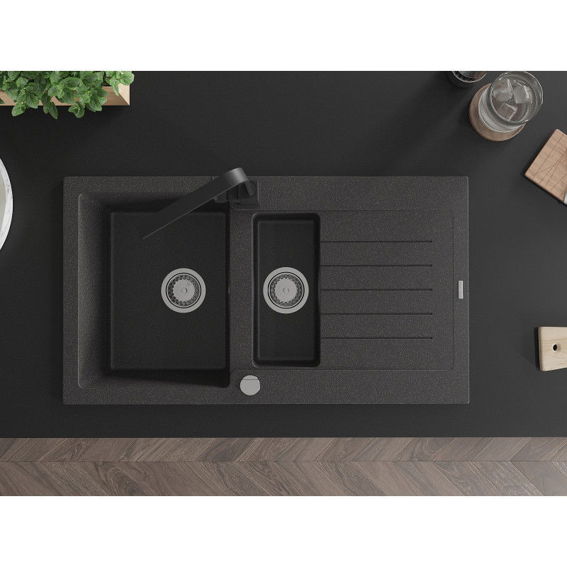 Mexen Matias chiuvetă din granit 1,5 camere cu scurgător și baterie de bucătărie Rita, negru pătat - 6502-76-670300-70