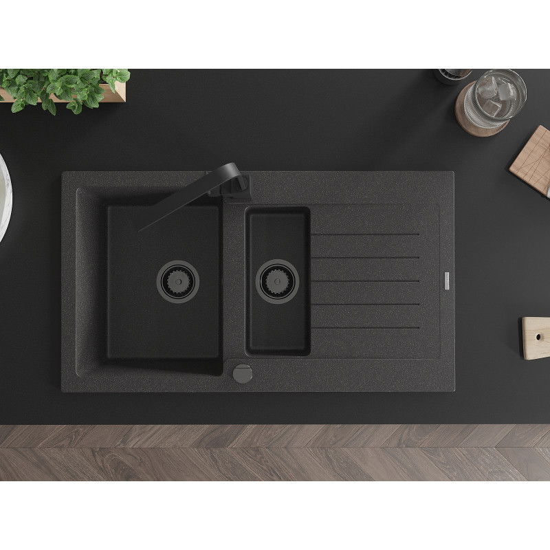 Mexen Matias gránit mosogató 1,5 rekeszes csepegtetővel és konyhai csapteleppel Rita, fekete pöttyös - 6502-76-670300-70-B