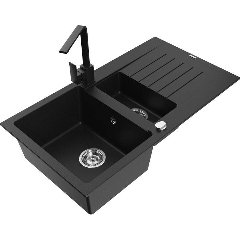 Mexen Matias chiuvetă din granit cu 1,5 compartimente, cu scurgător și baterie de bucătărie Rita, negru - 6502-77-670300-70