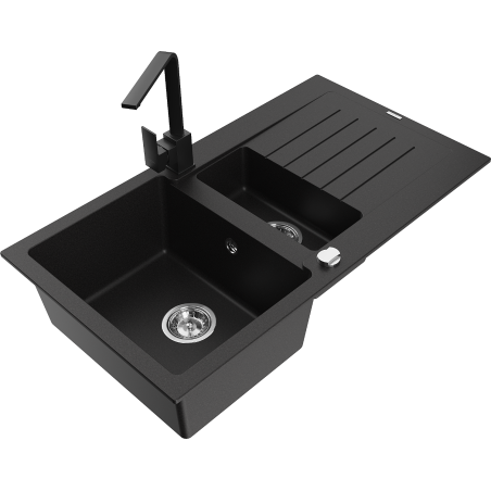 Mexen Matias chiuvetă din granit cu 1,5 compartimente, cu scurgător și baterie de bucătărie Rita, negru - 6502-77-670300-70
