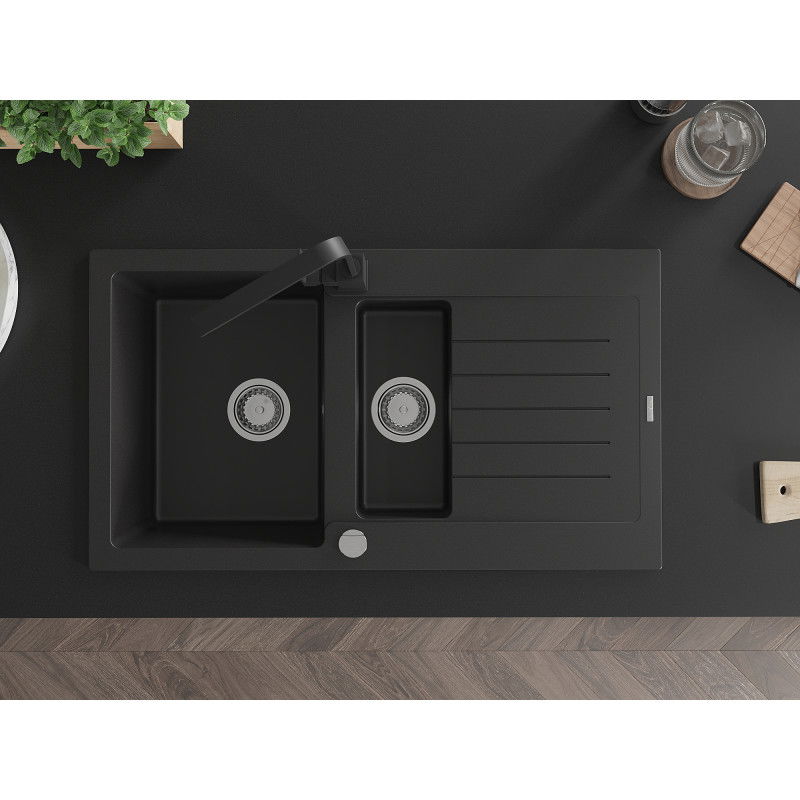 Mexen Matias chiuvetă din granit cu 1,5 compartimente, cu scurgător și baterie de bucătărie Rita, negru - 6502-77-670300-70
