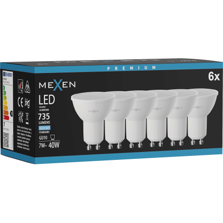 Mexen Nova 6x LED izzó GU10, 7W, Hideg - 6500K, 735 lm - L107-GU10-0765-01x06