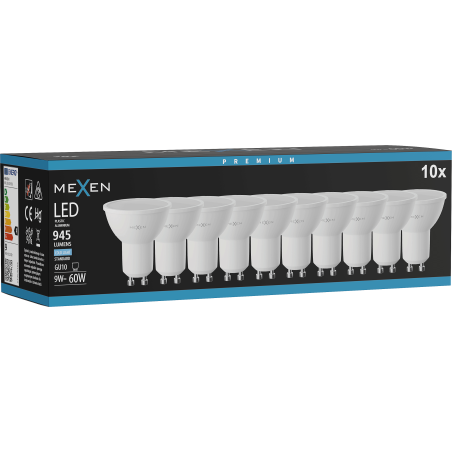 Mexen Nova 10x LED GU10 izzó, 9W, Hideg - 6500K, 945 lm - L108-GU10-0965-01x10