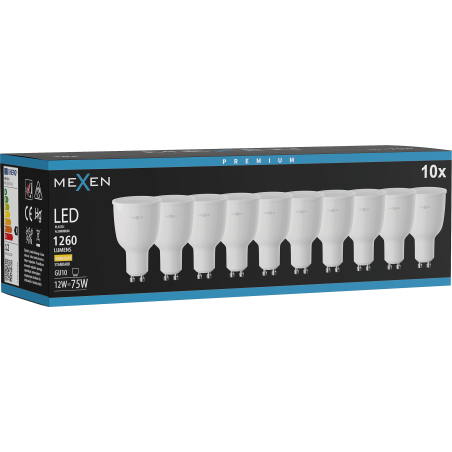 Mexen Nova 10x GU10 LED izzó, 12W, Meleg - 3000K, 1260 lm - L108-GU10-1230-01x10