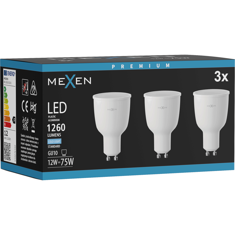 Mexen Nova 3x LED izzó GU10, 12W, Hideg - 6500K, 1260 lm - L108-GU10-1265-01x03