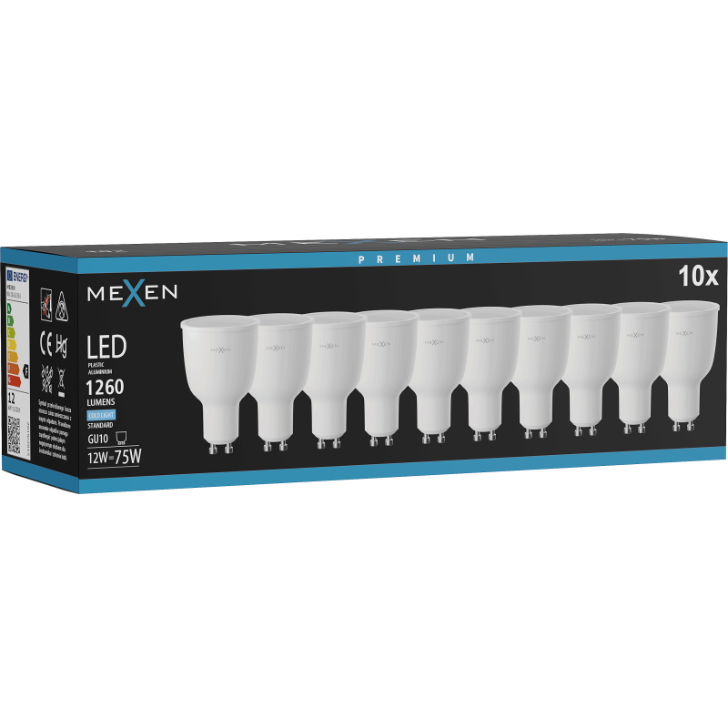 Mexen Nova 10x LED izzó GU10, 12W, Hideg - 6500K, 1260 lm - L108-GU10-1265-01x10