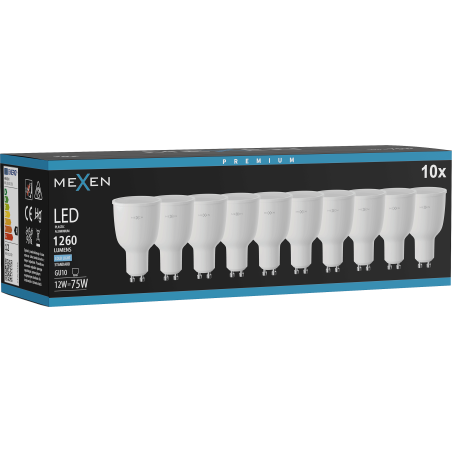 Mexen Nova 10x LED izzó GU10, 12W, Hideg - 6500K, 1260 lm - L108-GU10-1265-01x10