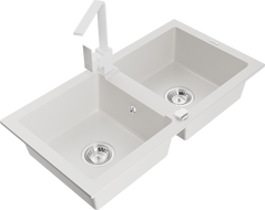 Mexen Mario chiuvetă de granit cu 2 compartimente și baterie de bucătărie Rita, alb - 6504-20-670300-20